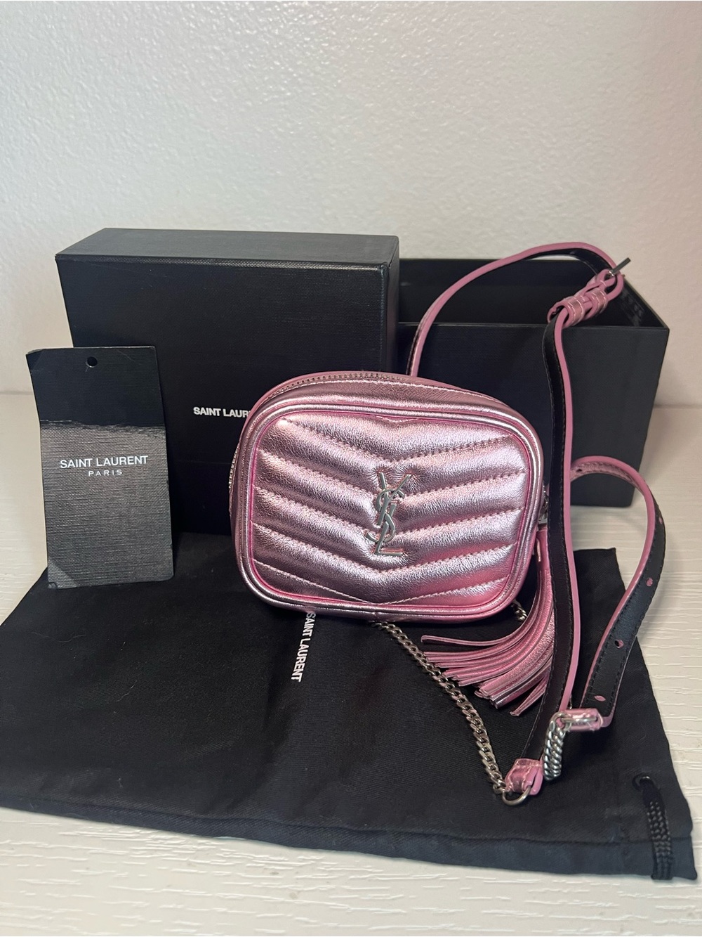 Saint Laurent Metallic Pink Quilted Lou Camera Bag with Tassel